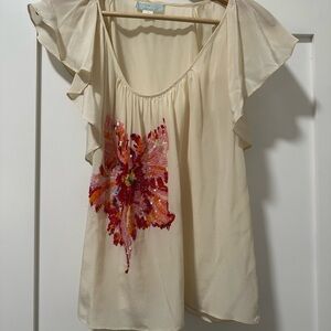 Anthropologie Floral sequin Embellished Cream Top